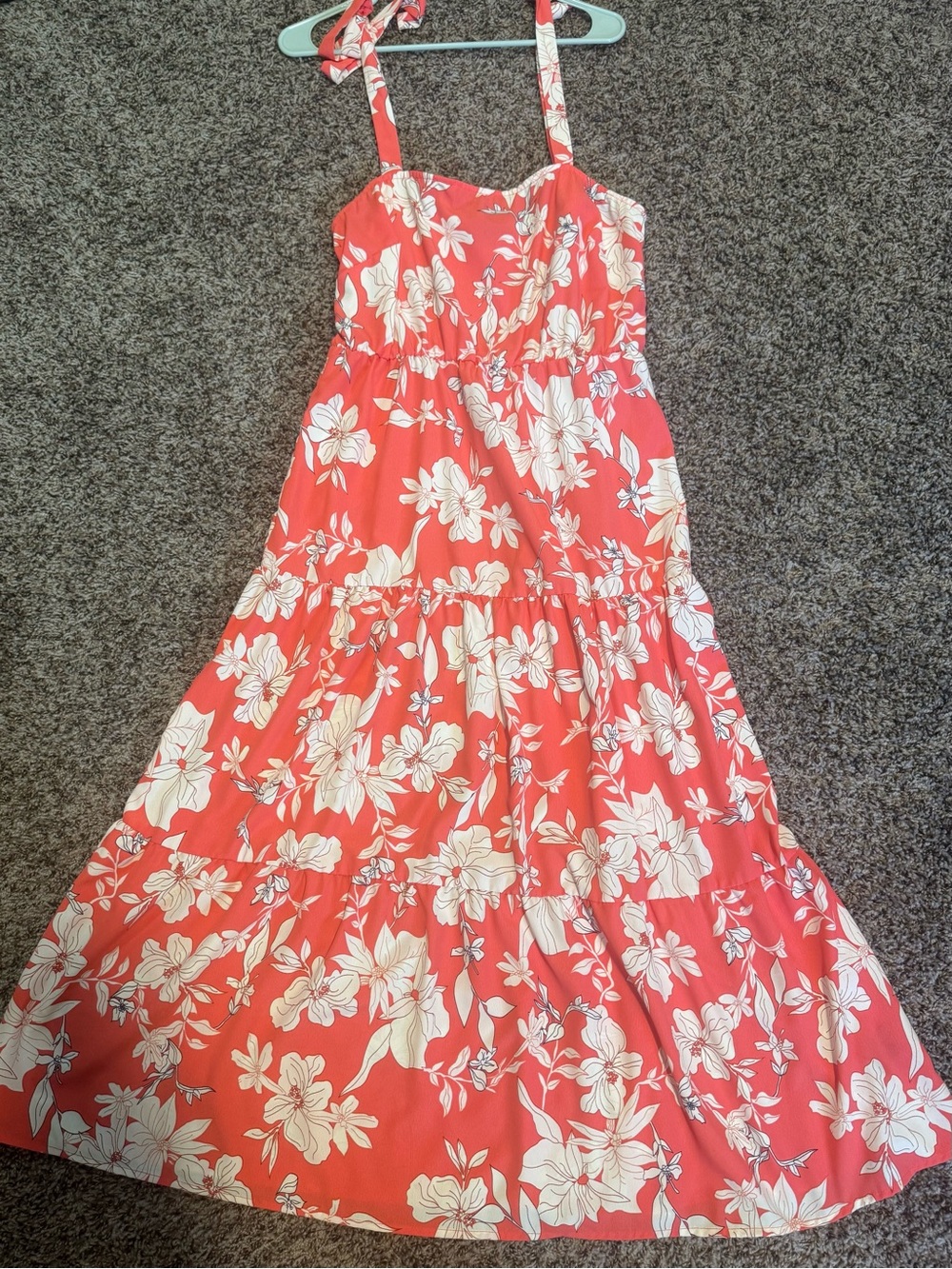 Floral Coral Sundress with White Bloom Print